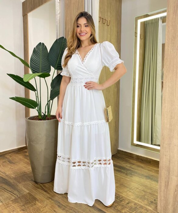 Vestido Feminino Longo Any Manga Princesa com Bojo Off White - Fernanda Ramos Store