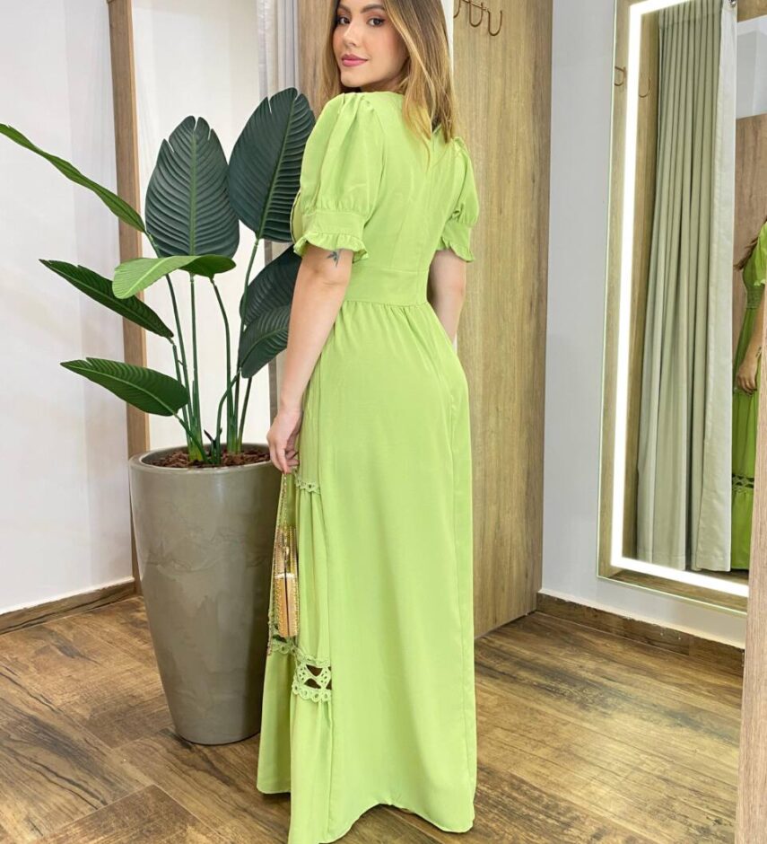 Vestido Feminino Longo Any Manga Princesa com Bojo Verde Pistache - Fernanda Ramos Store