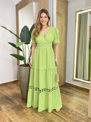 Vestido Feminino Longo Any Manga Princesa com Bojo Verde Pistache - Fernanda Ramos Store