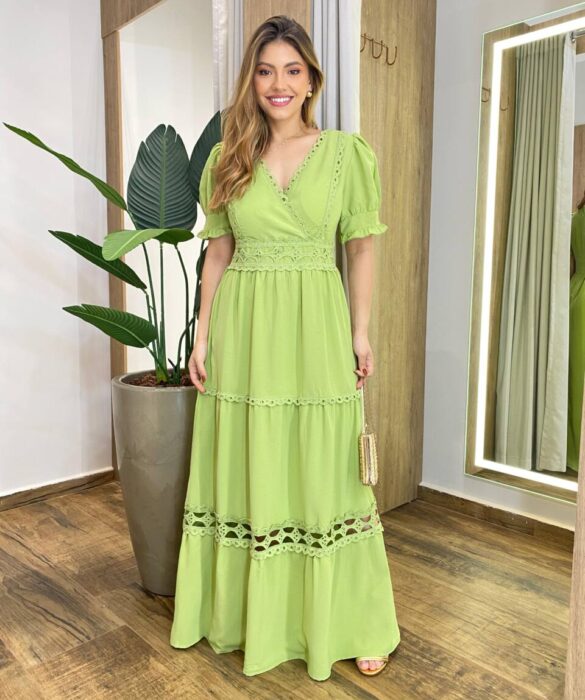 Vestido Feminino Longo Any Manga Princesa com Bojo Verde Pistache - Fernanda Ramos Store