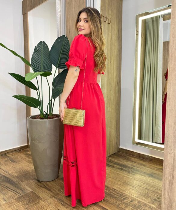 Vestido Feminino Longo Any Manga Princesa com Bojo Vermelho - Fernanda Ramos Store