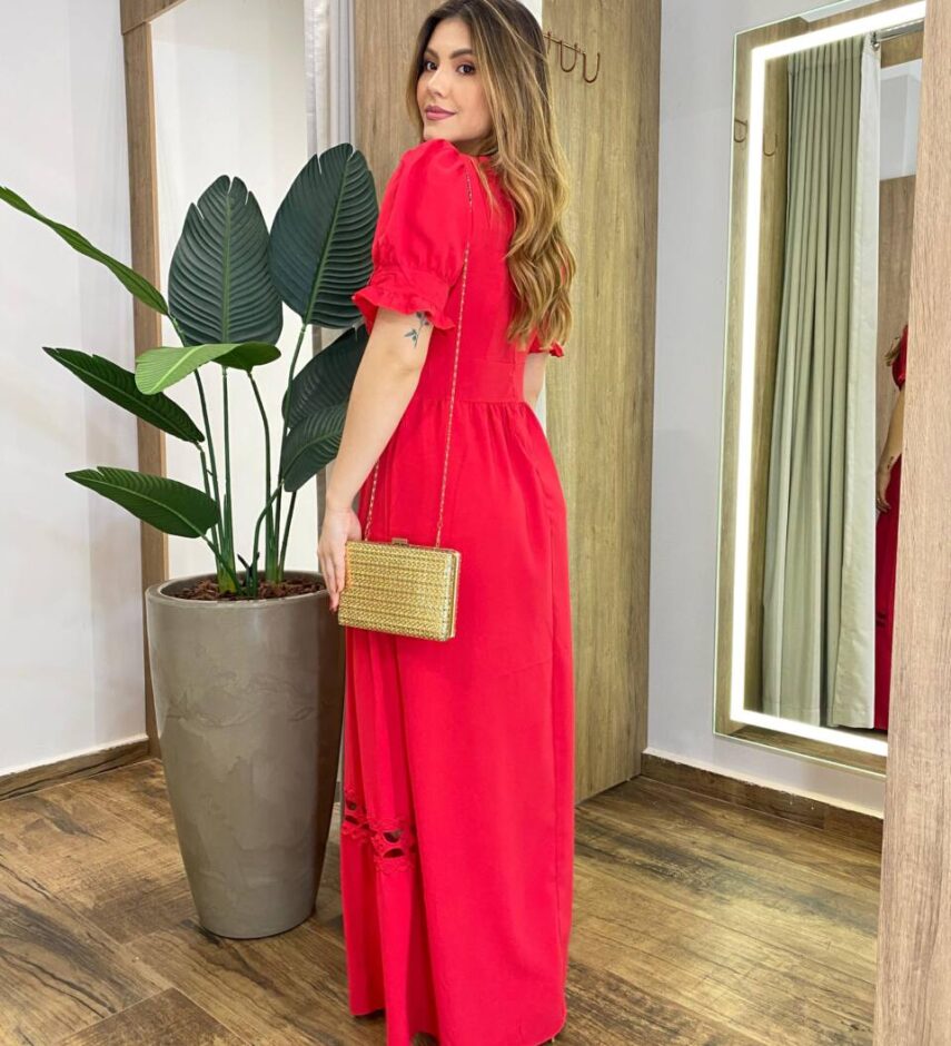 Vestido Feminino Longo Any Manga Princesa com Bojo Vermelho - Fernanda Ramos Store