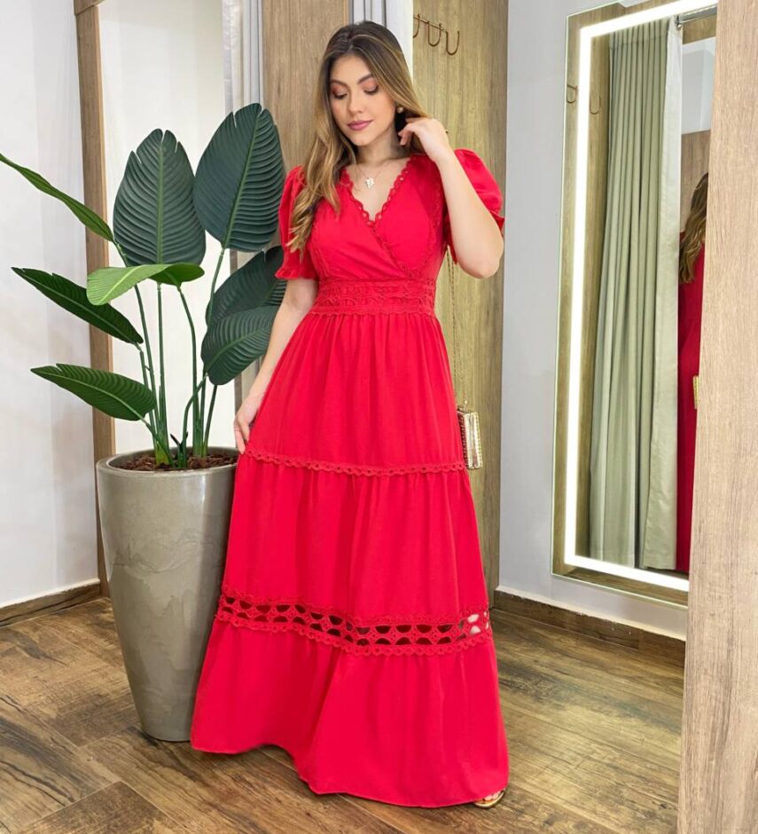 Vestido Feminino Longo Any Manga Princesa com Bojo Vermelho - Fernanda Ramos Store