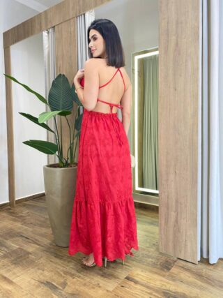 Vestido Feminino Longo Bordado com Bojo e Amarração Atrás Vermelho - Fernanda Ramos Store