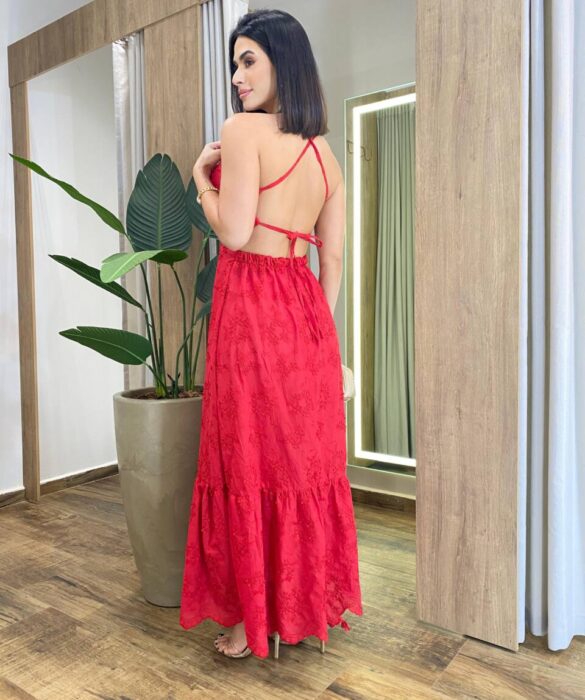 Vestido Feminino Longo Bordado com Bojo e Amarração Atrás Vermelho - Fernanda Ramos Store