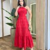 Vestido Feminino Longo Bordado com Bojo e Amarração Atrás Vermelho - Fernanda Ramos Store