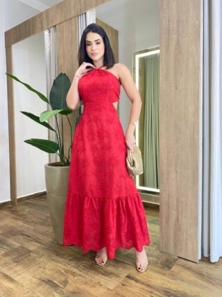 Vestido Feminino Longo Bordado com Bojo e Amarração Atrás Vermelho - Fernanda Ramos Store