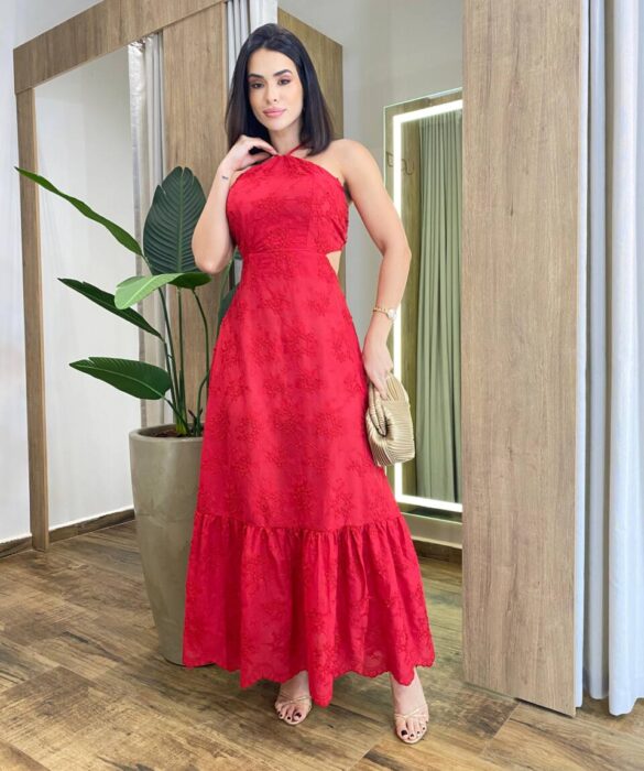 Vestido Feminino Longo Bordado com Bojo e Amarração Atrás Vermelho - Fernanda Ramos Store