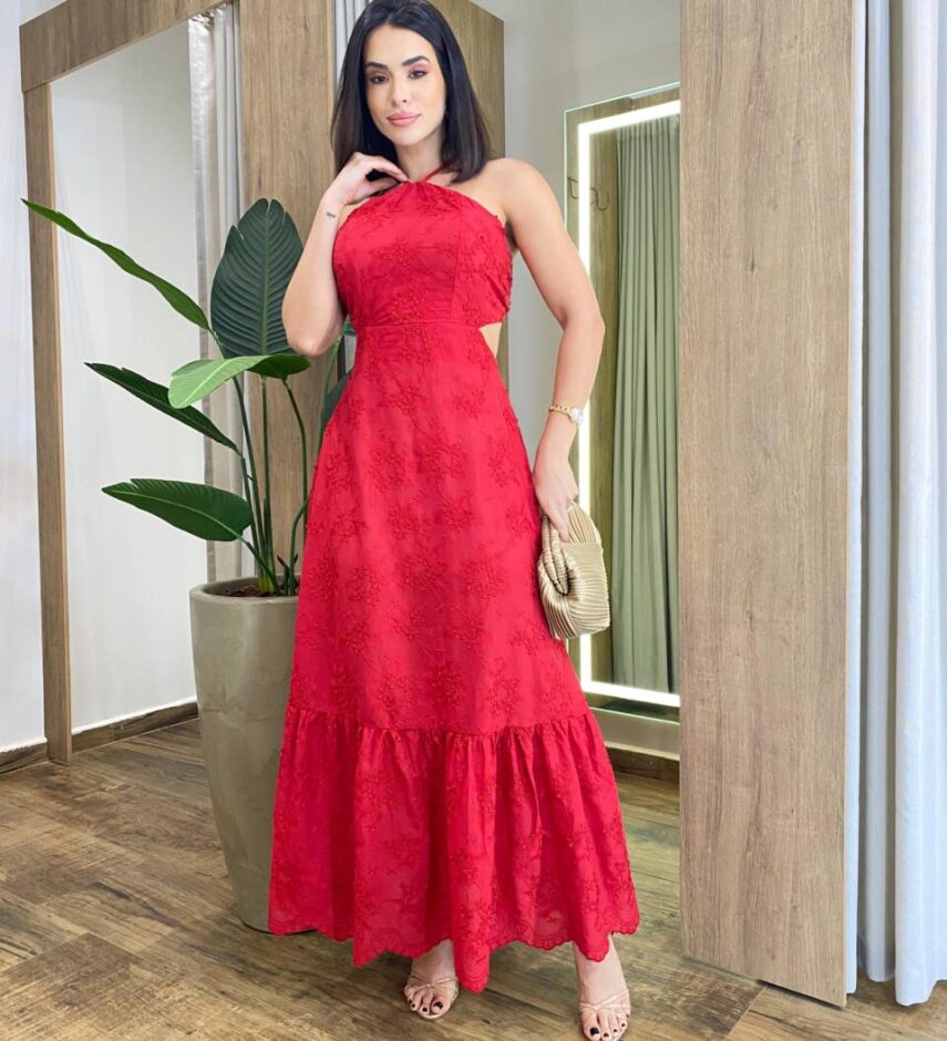 Vestido Feminino Longo Bordado com Bojo e Amarração Atrás Vermelho - Fernanda Ramos Store