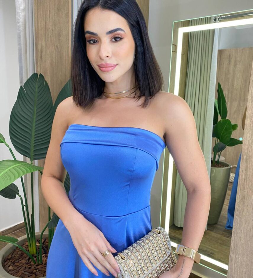 Vestido Feminino Longo Giselle com Bojo e Fenda Zíper Atrás Azul - Fernanda Ramos Store