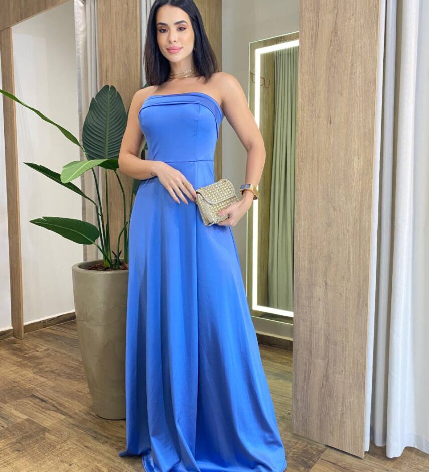 Vestido Feminino Longo Giselle com Bojo e Fenda Zíper Atrás Azul - Fernanda Ramos Store