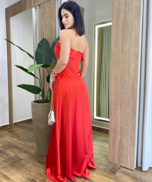 Vestido Feminino Longo Giselle com Bojo e Fenda Zíper Atrás Vermelho - Fernanda Ramos Store