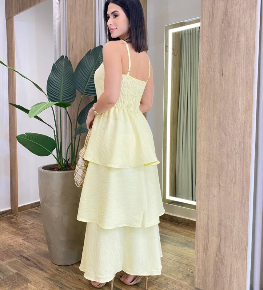 Vestido Feminino Longo Ísis com Bojo em Camadas Amarelo - Fernanda Ramos Store