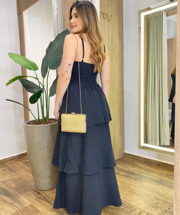 Vestido Feminino Longo Ísis com Bojo em Camadas Preto - Fernanda Ramos Store