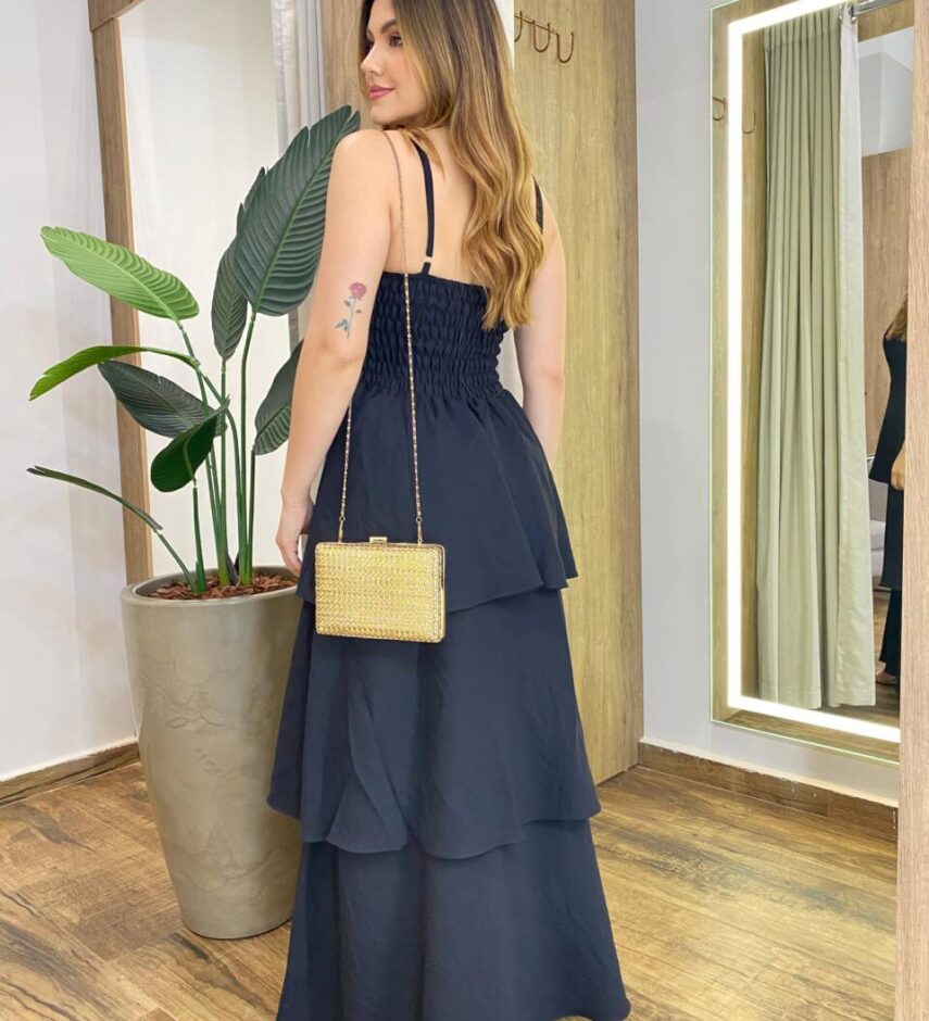 Vestido Feminino Longo Ísis com Bojo em Camadas Preto - Fernanda Ramos Store