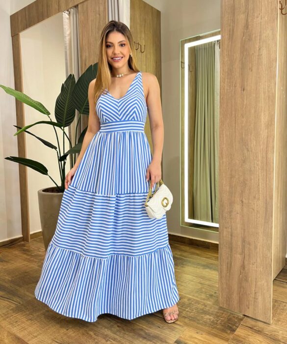 Vestido Feminino Longo Taty com Bojo e Lastex Listrado de Azul - Fernanda Ramos Store