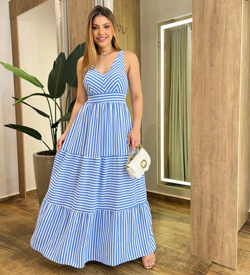 Vestido Feminino Longo Taty com Bojo e Lastex Listrado de Azul - Fernanda Ramos Store