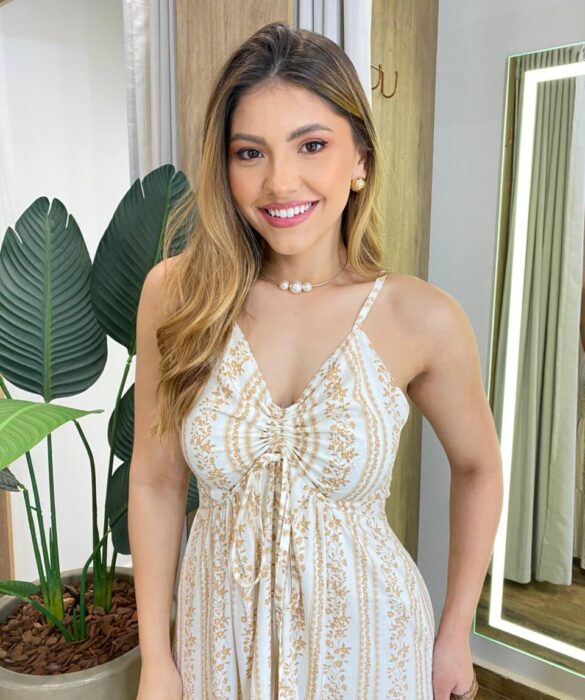 Vestido Longo Cris sem Bojo com Lastex Off White Estampado - Fernanda Ramos Store