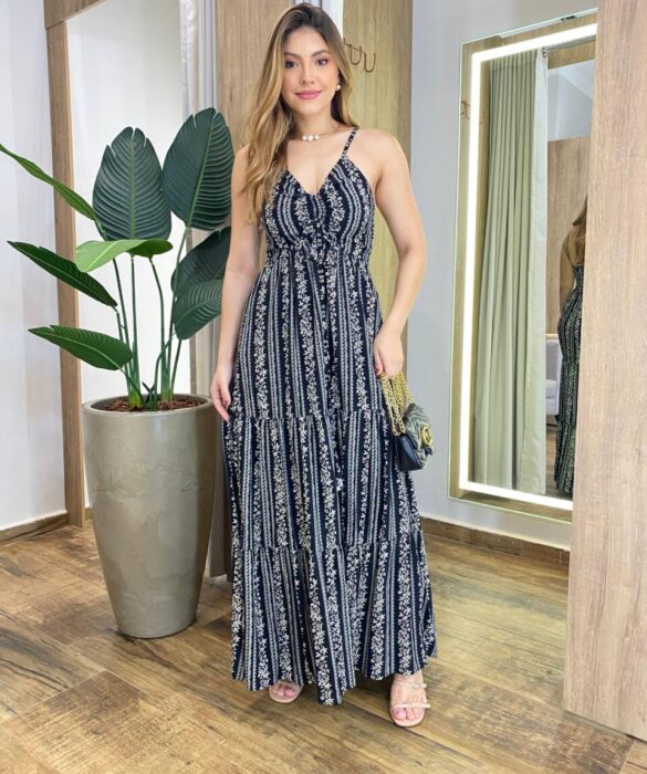 Vestido Longo Cris sem Bojo com Lastex Preto Estampado - Fernanda Ramos Store