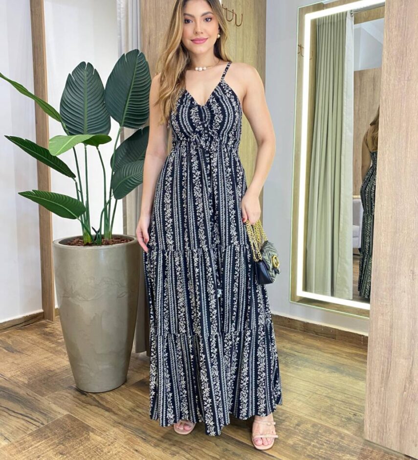 Vestido Longo Cris sem Bojo com Lastex Preto Estampado - Fernanda Ramos Store
