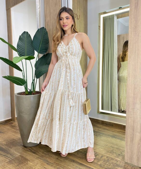 Vestido Longo Cris sem Bojo com Lastex Off White Estampado - Fernanda Ramos Store