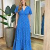 Vestido Longo Hanna Manga Curta sem Bojo com Lastex Azul Estampado - Fernanda Ramos Store