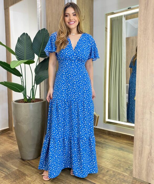 Vestido Longo Hanna Manga Curta sem Bojo com Lastex Azul Estampado - Fernanda Ramos Store