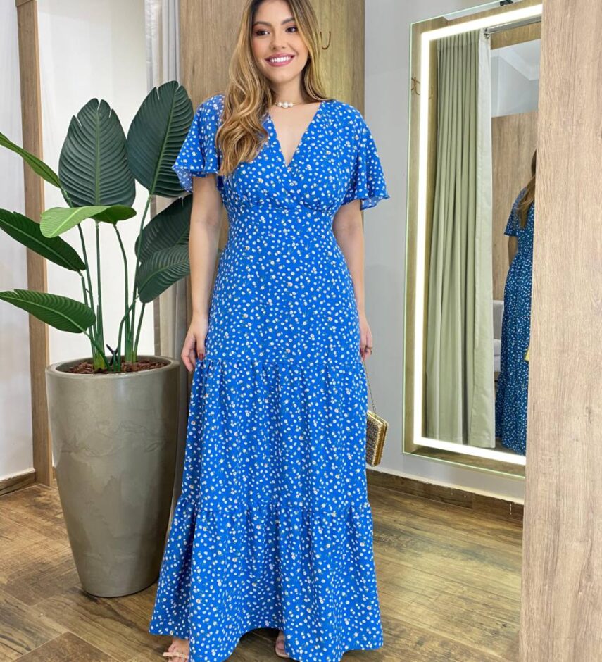 Vestido Longo Hanna Manga Curta sem Bojo com Lastex Azul Estampado - Fernanda Ramos Store