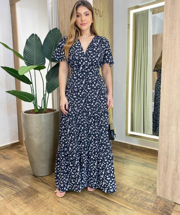 Vestido Longo Hanna Manga Curta sem Bojo com Lastex Preto Estampado - Fernanda Ramos Store