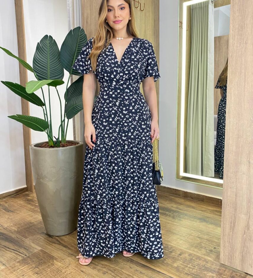 Vestido Longo Hanna Manga Curta sem Bojo com Lastex Preto Estampado - Fernanda Ramos Store