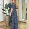 Vestido Longo Hanna Manga Curta sem Bojo com Lastex Preto Estampado - Fernanda Ramos Store