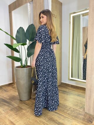 Vestido Longo Hanna Manga Curta sem Bojo com Lastex Preto Estampado - Fernanda Ramos Store