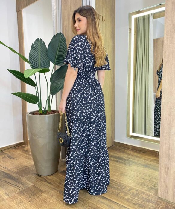 Vestido Longo Hanna Manga Curta sem Bojo com Lastex Preto Estampado - Fernanda Ramos Store