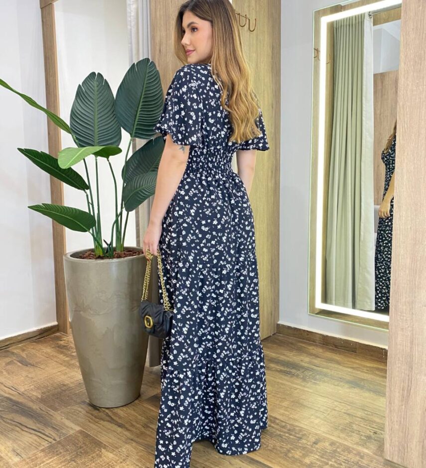 Vestido Longo Hanna Manga Curta sem Bojo com Lastex Preto Estampado - Fernanda Ramos Store