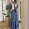 Vestido Longo Ísis sem Bojo Azul Estampado com Amarração Atrás - Fernanda Ramos Store