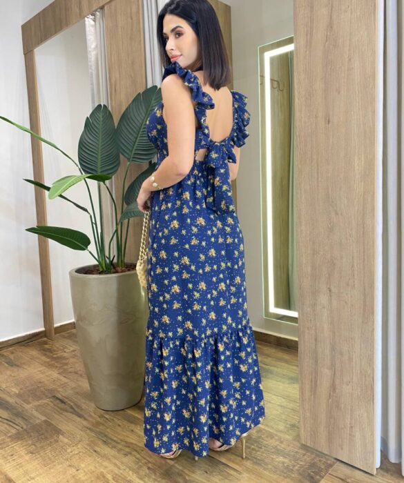 Vestido Longo Ísis sem Bojo Azul Estampado com Amarração Atrás - Fernanda Ramos Store