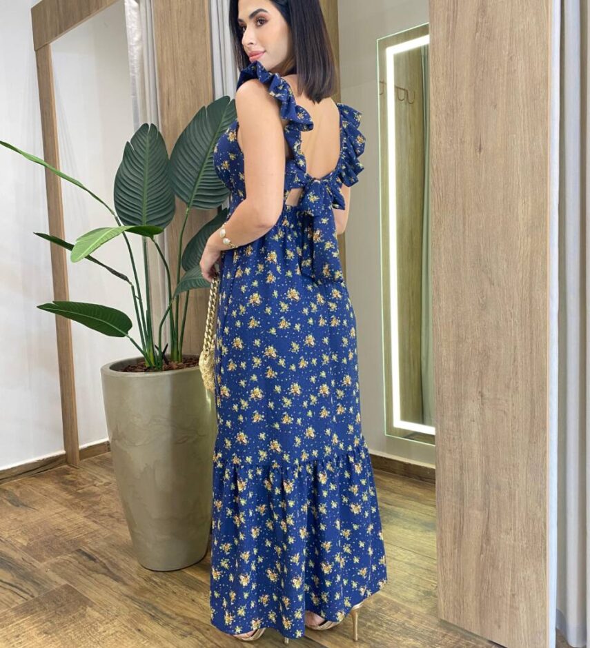Vestido Longo Ísis sem Bojo Azul Estampado com Amarração Atrás - Fernanda Ramos Store