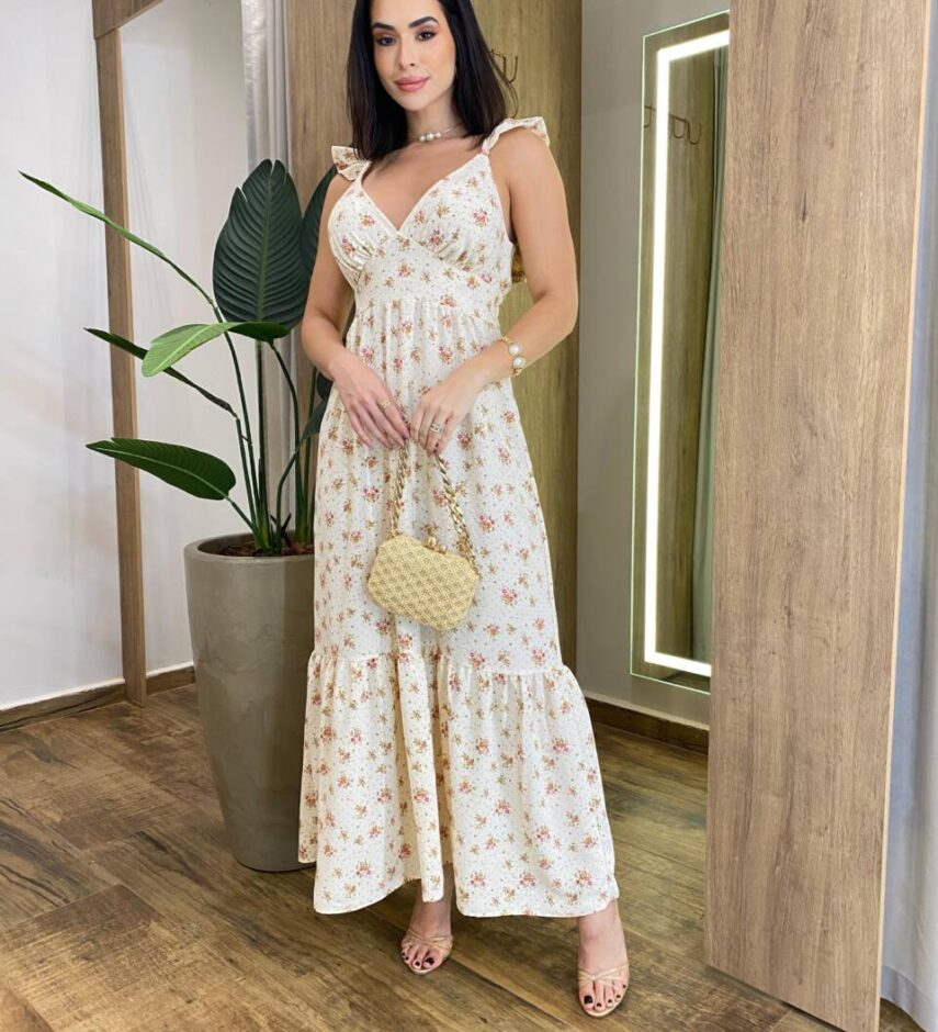 Vestido Longo Ísis sem Bojo Nude Estampado com Amarração Atrás - Fernanda Ramos Store