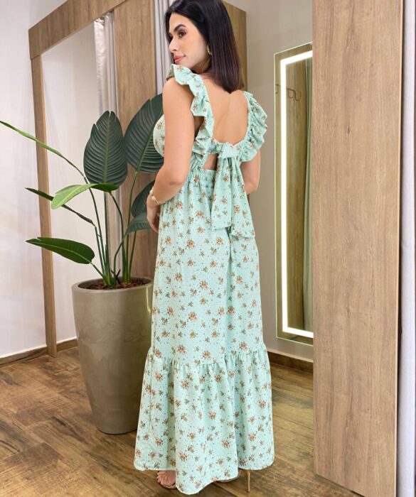 Vestido Longo Ísis sem Bojo Verde Estampado com Amarração Atrás - Fernanda Ramos Store