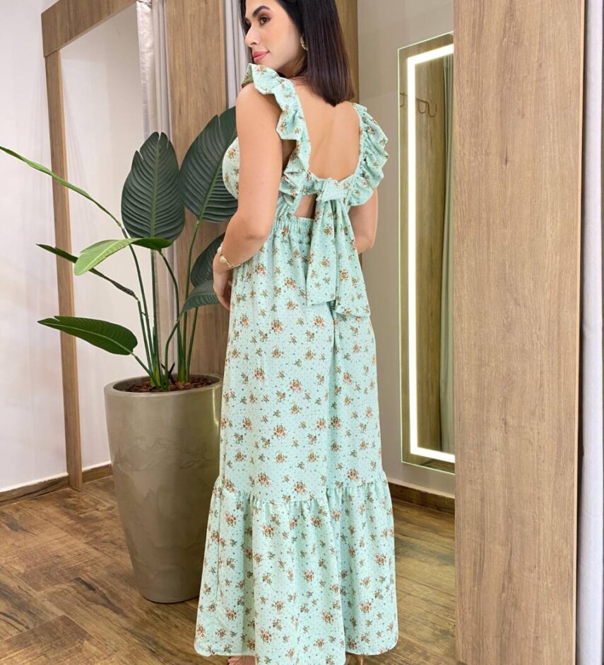 Vestido Longo Ísis sem Bojo Verde Estampado com Amarração Atrás - Fernanda Ramos Store