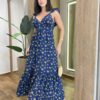 Vestido Longo Ísis sem Bojo Azul Estampado com Amarração Atrás - Fernanda Ramos Store