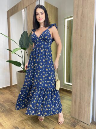 Vestido Longo Ísis sem Bojo Azul Estampado com Amarração Atrás - Fernanda Ramos Store