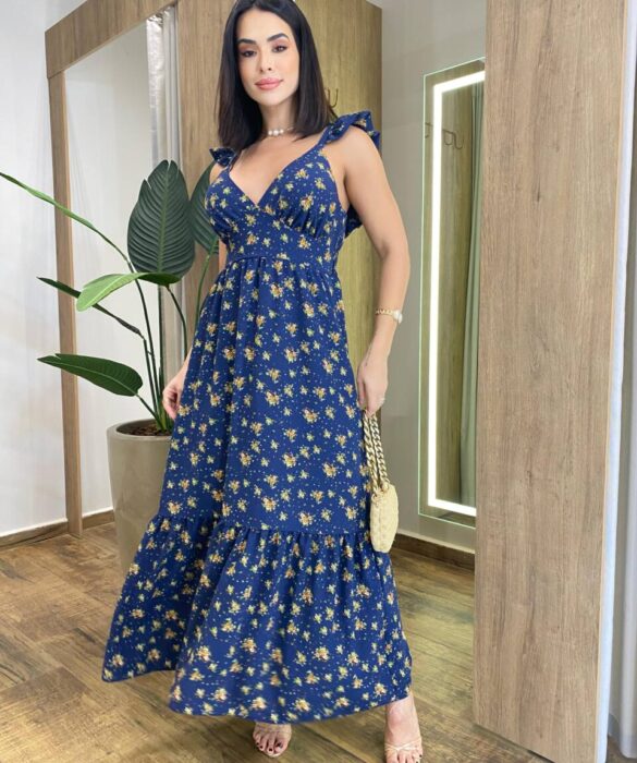 Vestido Longo Ísis sem Bojo Azul Estampado com Amarração Atrás - Fernanda Ramos Store