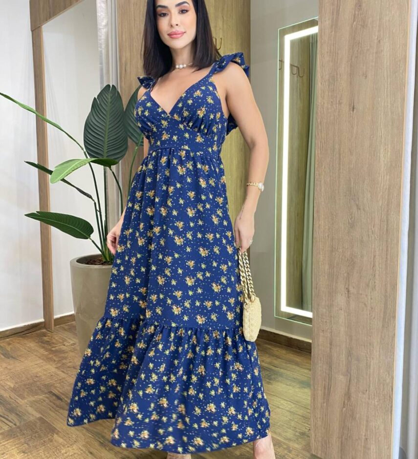 Vestido Longo Ísis sem Bojo Azul Estampado com Amarração Atrás - Fernanda Ramos Store