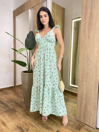 Vestido Longo Ísis sem Bojo Verde Estampado com Amarração Atrás - Fernanda Ramos Store