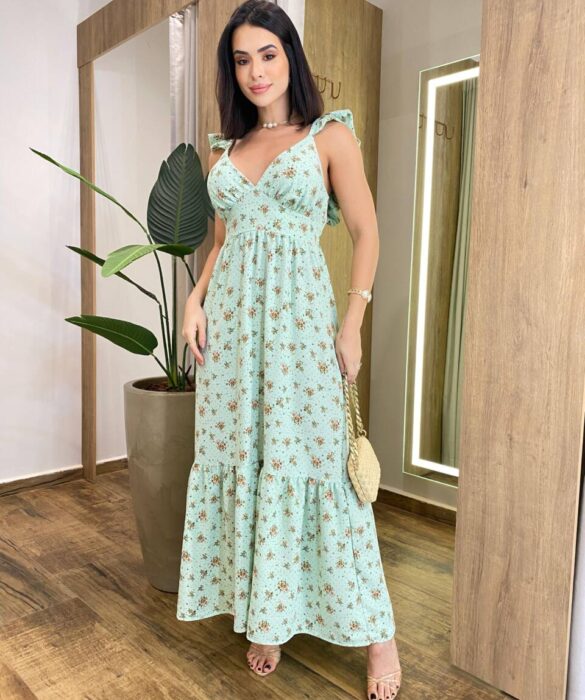 Vestido Longo Ísis sem Bojo Verde Estampado com Amarração Atrás - Fernanda Ramos Store