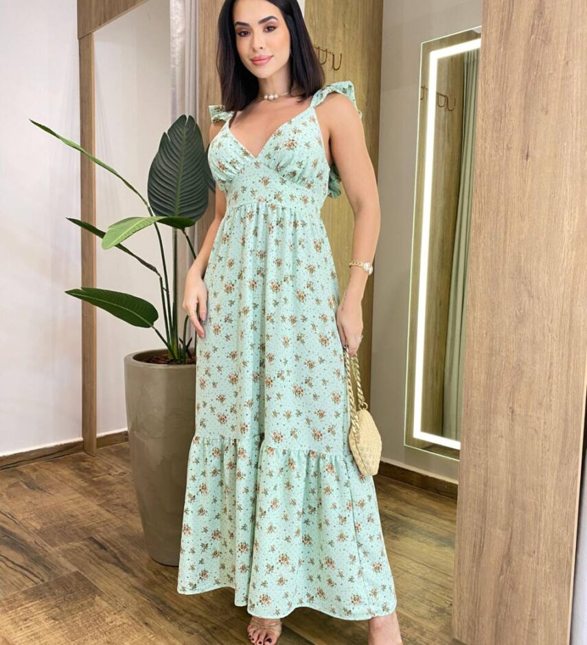 Vestido Longo Ísis sem Bojo Verde Estampado com Amarração Atrás - Fernanda Ramos Store