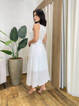 Vestido Longo Rafaela Laise sem Bojo com Botões e Cinto Branco - Fernanda Ramos Store