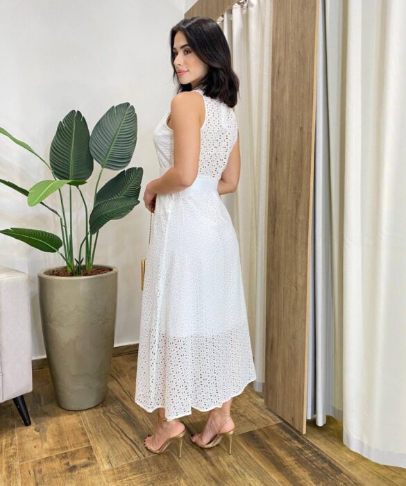 Vestido Longo Rafaela Laise sem Bojo com Botões e Cinto Branco - Fernanda Ramos Store