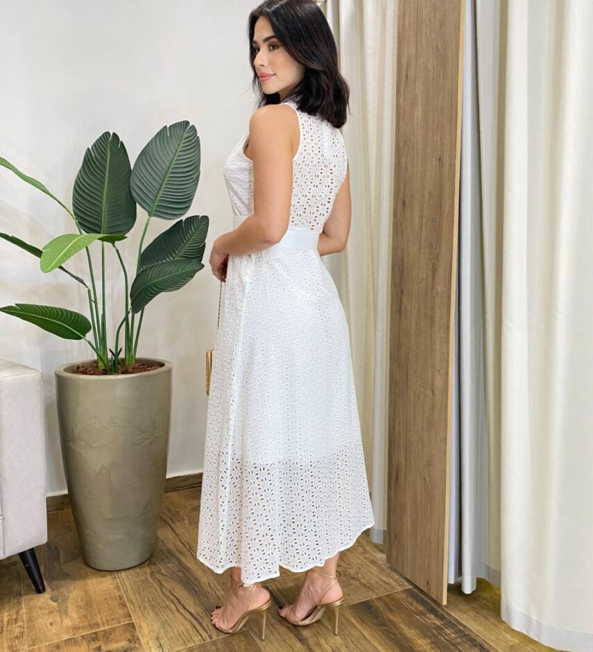 Vestido Longo Rafaela Laise sem Bojo com Botões e Cinto Branco - Fernanda Ramos Store